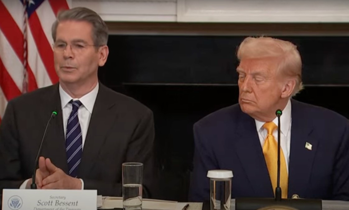 US President Donald Trump sits beside Treasury Secretary Scott Bessent at the March 7 White House Crypto Summit.